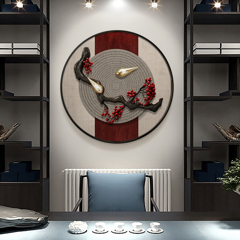 速发新中式餐厅挂画入户玄关装饰画书房茶室背景墙圆形壁画禅意花图片