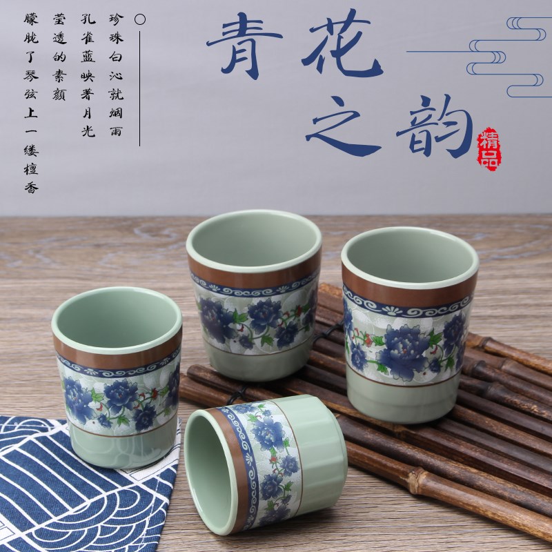 速发蓝青花密料杯子水杯茶杯创意塑胺口杯杯酒店餐饮杯仿瓷餐具商