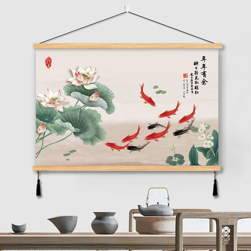 速发办财九鱼荷花实木挂壁新中式福气餐厅客厅玄关招公室墙画装饰图片
