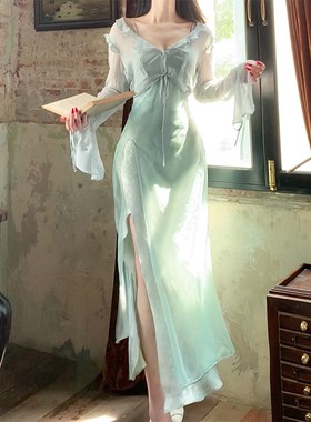 速发Good Job青春裙【】荷叶边烫金长袖连衣日早秋真丝开衫防晒外