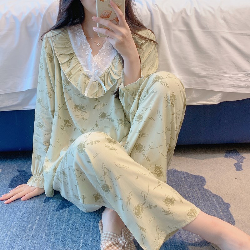 速发长袖棉绸睡尺春甜美花边空调衣居服韩版大家码套装薄