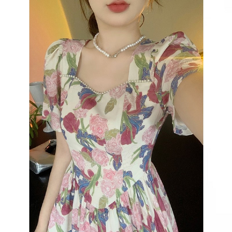 现货大码胖mm复古感方领收腰油画碎花连K衣裙女夏遮肚显瘦中长裙
