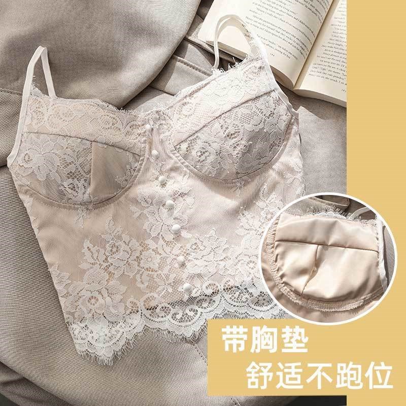 高货小吊带背心女冬季加绒加厚保暖美背皮草外穿内搭打底性感蕾丝