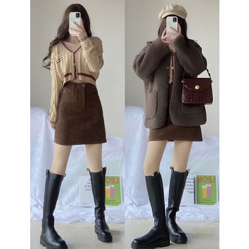 速发遮肚子半身裙短A小个子棕色高腰裙字包臀裙大码