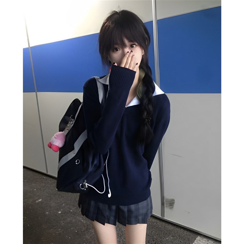 速发JK制服秋冬学院色套头毛衣内领纯风针织衫长袖外套V搭上衣