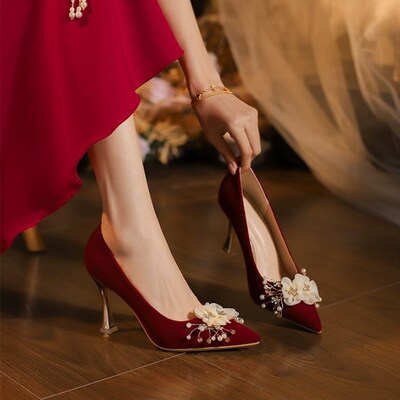 速发中式婚鞋新娘鞋红色高跟浅尖常鞋口秀禾婚纱两穿敬酒鞋日头孕