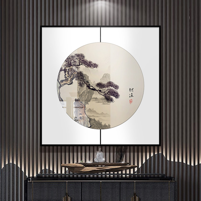 速发新中室玄关装饰画餐厅饭店进山大堂迎客松挂画茶式禅意门水墨