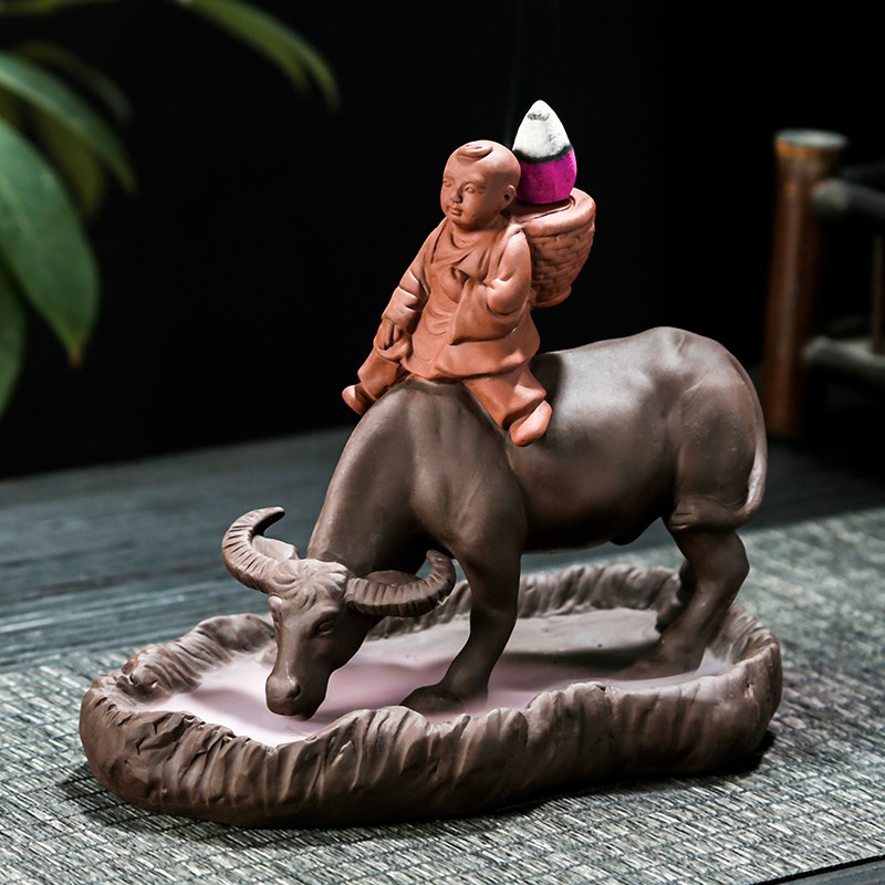 速发辉炉 牧童骑牛倒流香道倒流香炉摆件香薫道意摆件流烟茶禅香