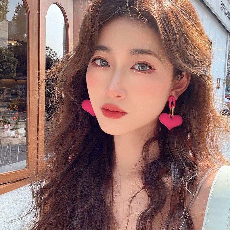 现货玫红色耳饰耳环立体桃心个性耳坠甜美夸张显脸瘦少女玫粉色辣