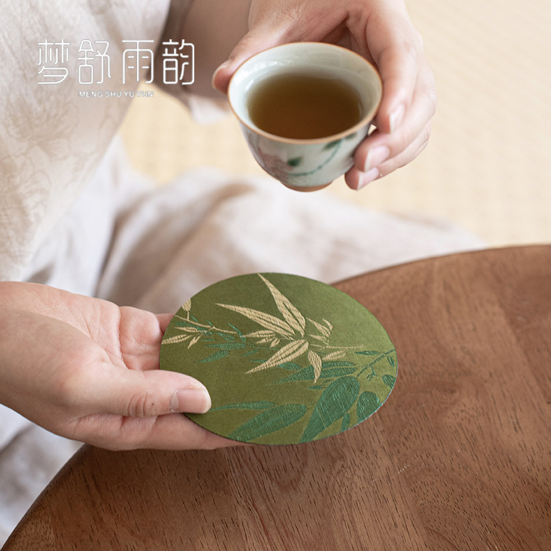 速发中式绸缎织锦刺绣竹子茶杯垫茶水双面布艺家隔用热垫茶托防道