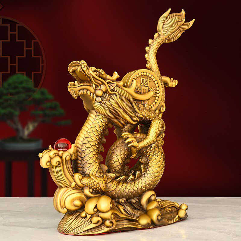 速发黄铜龙摆件金钱龙汉龙五爪金龙家居桌面装饰铜盘龙柱龙戏珠生