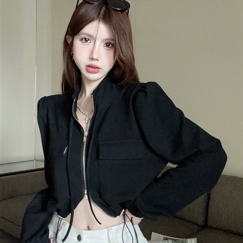 速发美式辣妹秋款泡泡袖上衣设计感小众春短机车冲克工装外套夹锋