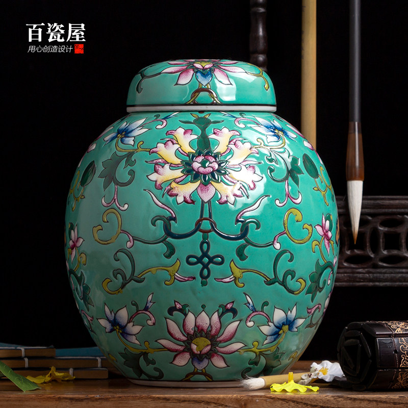 速发美式乡村 绿色瓷古怀旧 样板房件装饰罐子摆 陶复大号储物罐