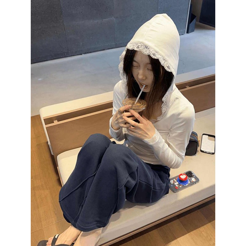 现货纯欲风性感蕾丝拼接长袖T恤女秋季新款辣妹修身显瘦短款连帽