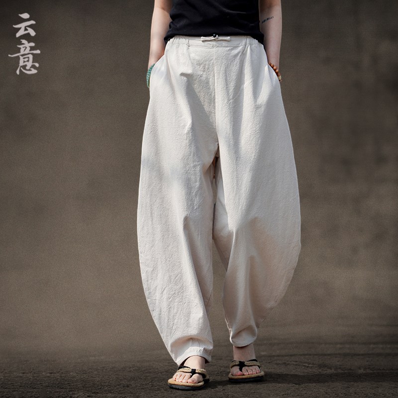 速发中式亚汉太极灯笼裤男中国风宽松阔腿麻风长裤古服功夫裤子
