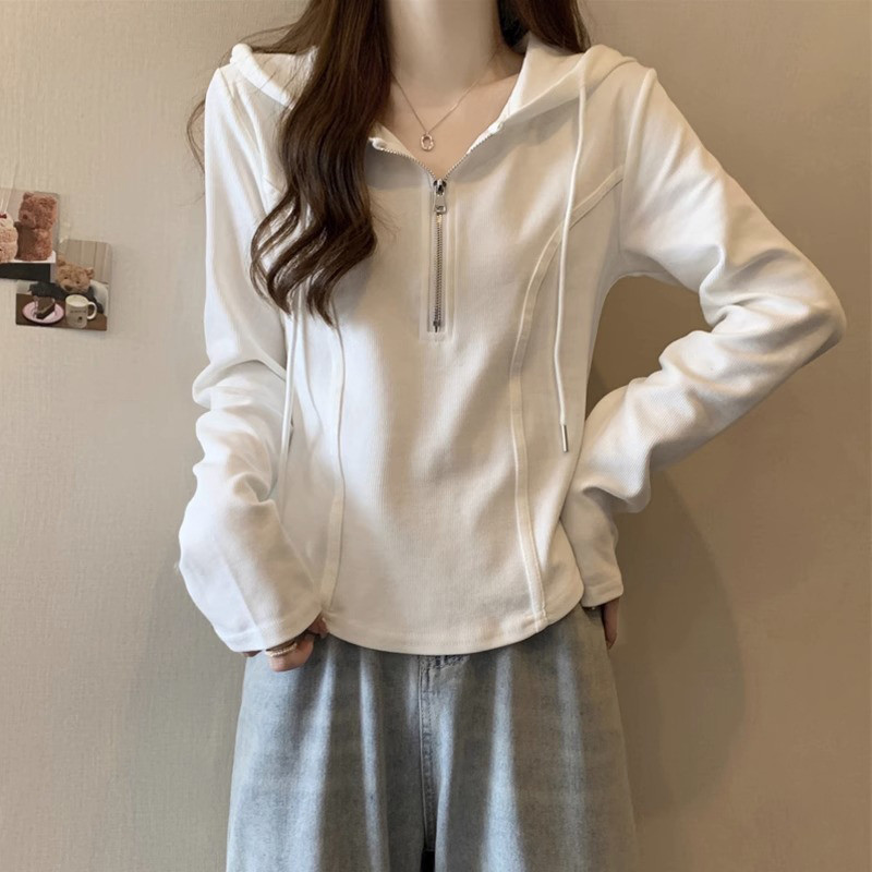 速发20款4春季新款白色连帽卫衣长袖t恤上短小个子衣2设计感打底