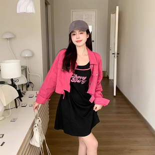 速发大码牛式辣妹运动风收腰吊带连衣裙仔装美工外套裙子套装