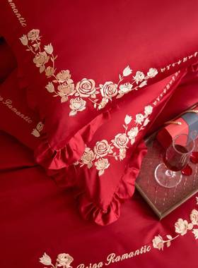 轻奢婚庆全棉AQJ四件套100瑰支结长绒棉纯棉红色玫刺绣婚床上用品