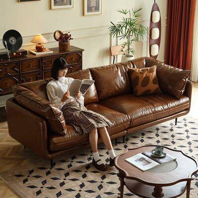 复古美式式油沙蜡简发客厅小户型直排现代约法EBL中古风皮艺沙发