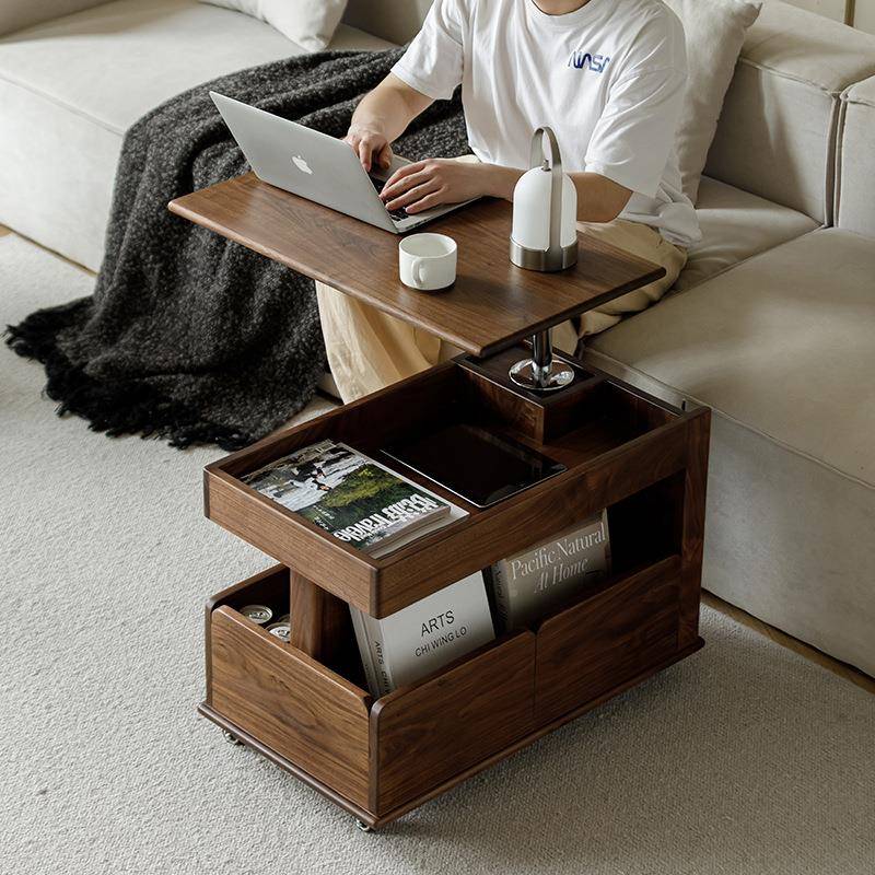 实能木茶几黑胡桃木多功升降推边几可移动无品牌/沙发边柜小型户