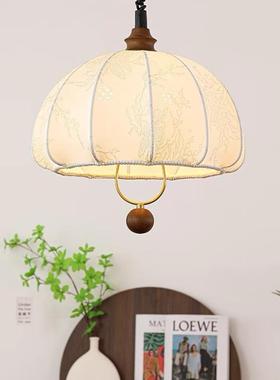 式复古印花餐吊灯古风可升降厅灯原木风布艺蘑菇吧中台餐桌NWS灯