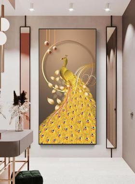 代轻E奢现玄关L户DCRI灯带装饰画孔雀呈祥好寓意走廊过道壁画入挂