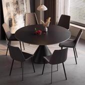 黑色方极圆简岩板餐桌意式 轻奢可旋转伸椅TDF缩两用简约现代家用