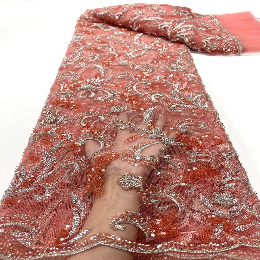 beaed东布lace非洲网YRE双色串珠面料欧美重d工刺绣中亮片童装蕾