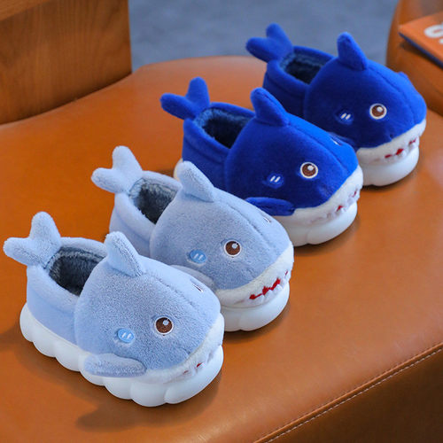 新款秋冬季男女童舒适棉拖鞋室内卡通鲨鱼包跟宝宝保暖拖鞋
