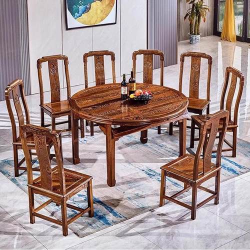 实木折叠餐桌中小户型变形红木餐桌椅组合鸡翅木伸缩桌圆桌带转盘