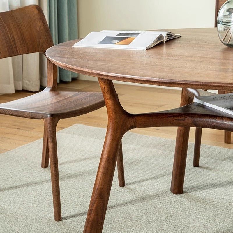 黑胡桃实木餐桌小户型圆桌北欧双层原木桌圆形餐桌椅组合家用