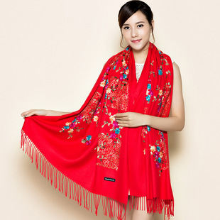 大红色刺绣花本命年围巾女春秋季百搭长款结婚纱夏季空调披肩两用