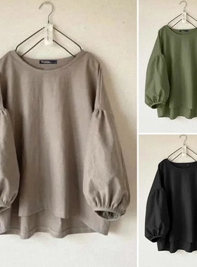 Round neck long sleeved solid color shirt 圆领长袖纯色衬衫女