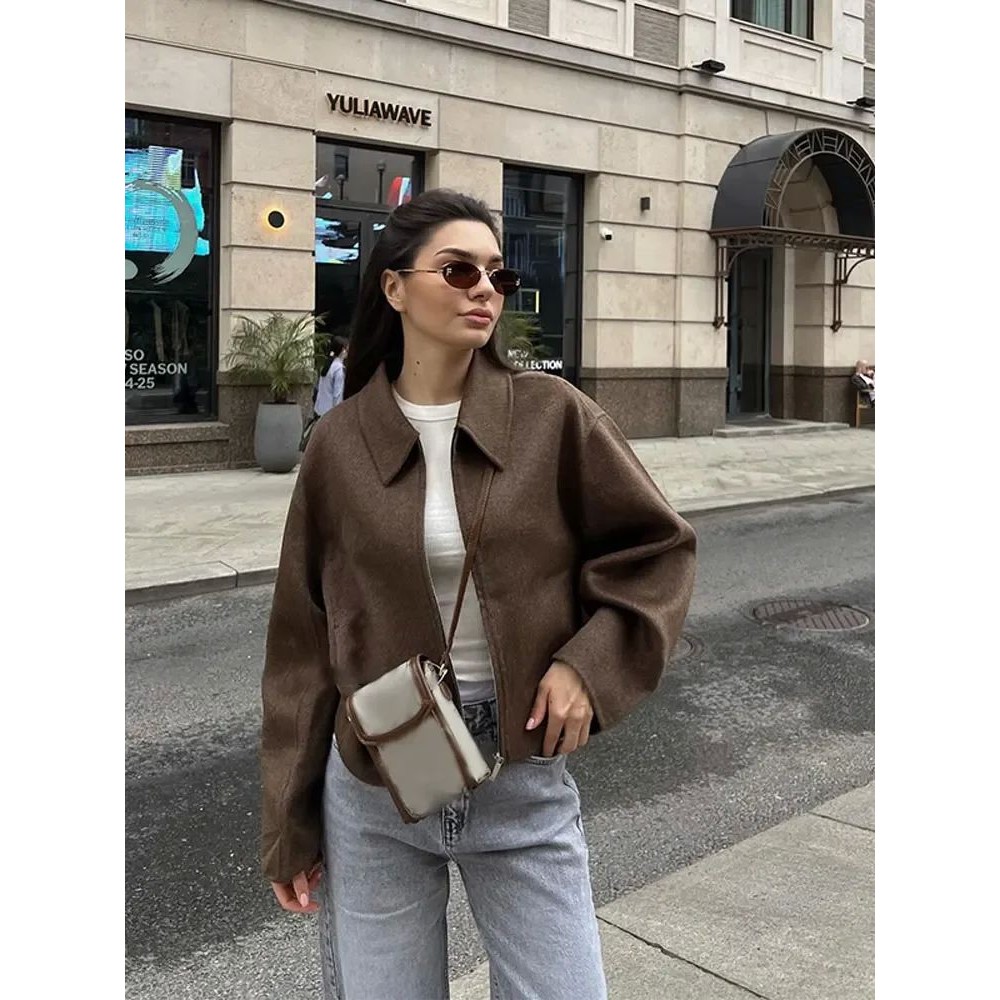 Collar long sleeved loose jacket for women翻领长袖宽松夹克女