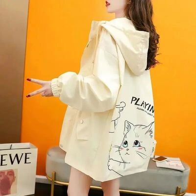 Hooded printed long sleeved jacket for women连帽印花长袖外套