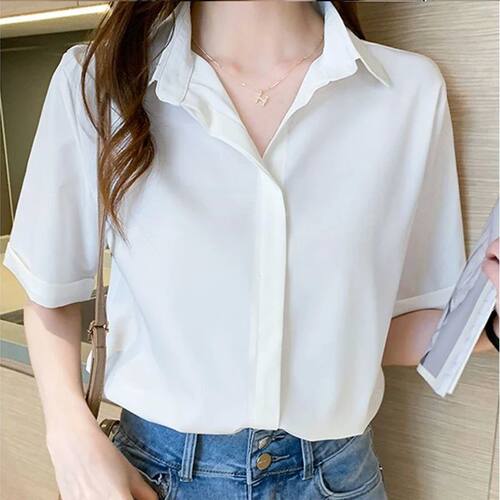 Short sleeved shirt solid color lapel tops短袖衬衣翻领上衣女