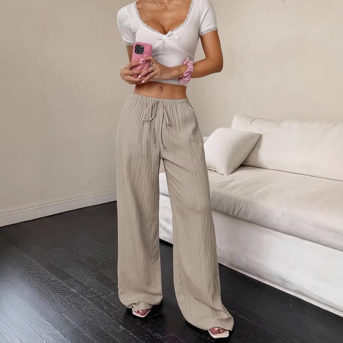 纯色气质休闲阔腿裤女Solid color temperament casual leg pants