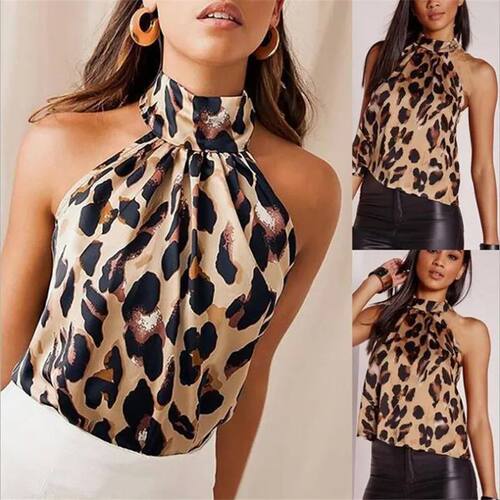 Leopard print vest slim fit neck hanging top豹纹背心挂脖上衣
