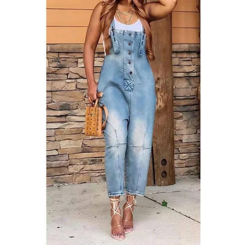 Women's jumpsuit shoulder strap jeans 无袖连体背带直筒牛仔裤
