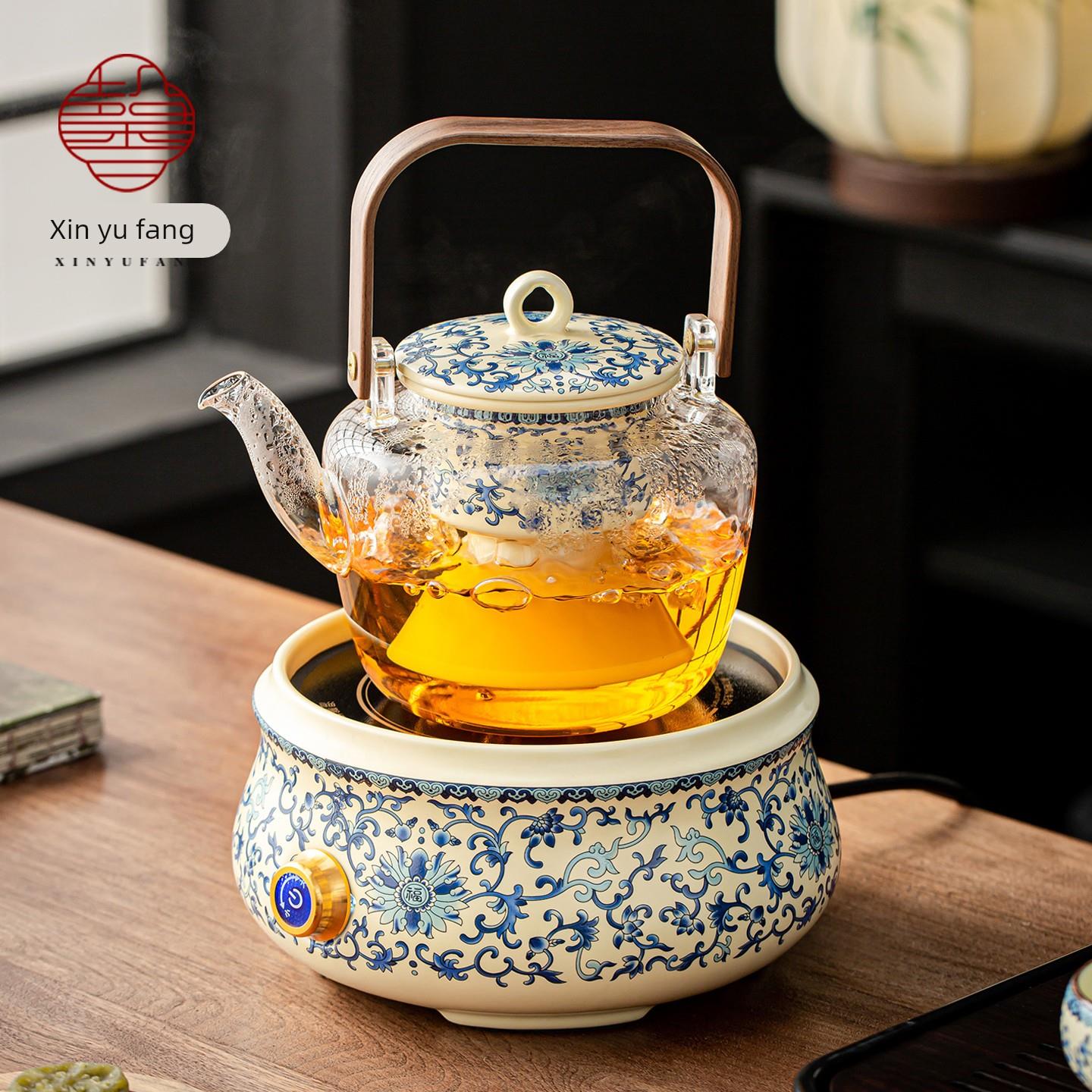 青花缠电枝莲VOU提用梁壶壶陶炉功夫茶具套装家烧水壶围炉煮茶杯