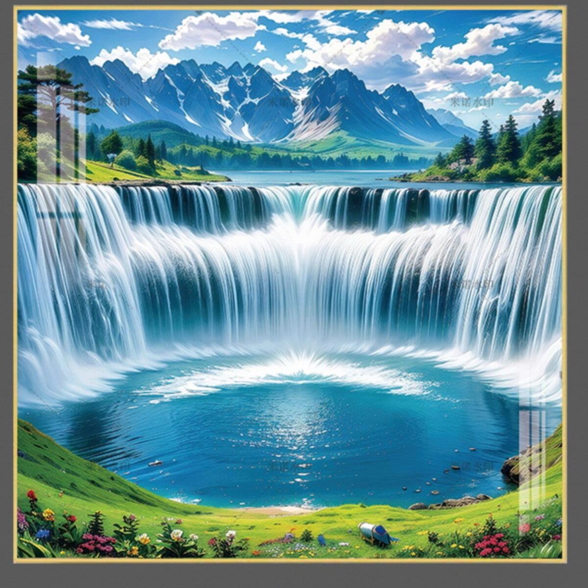 UNG客厅沙发水晶背景墙瓷方流水卧室风景挂画聚宝瀑盆形布山水画