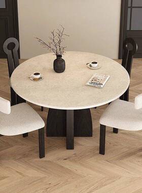 法小式然复古天石洞餐桌SM0052圆形家用黑色实木户型大理石圆中古