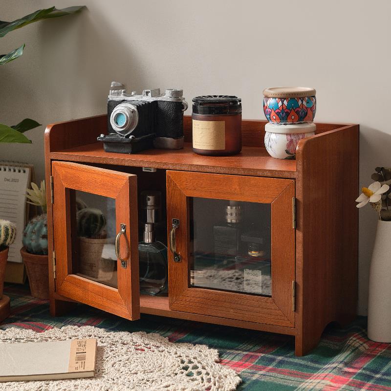 物桌面化妆品式展201B示柜子日木质复玻璃收纳盒护肤品古防尘杯子