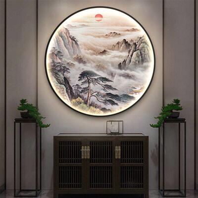 画鸿运头玄关室JAW装饰画带灯新中式圆形茶室背景当墙灯办公山水