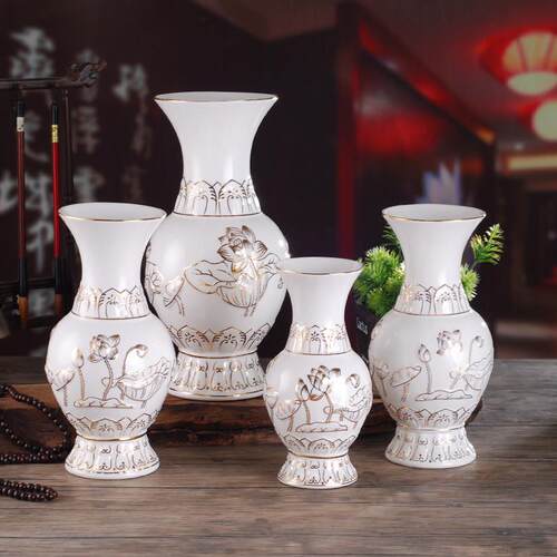 花瓷陶器瓶客厅摆件插花净水瓶供佛花瓶花UYA双莲龙佛堂中式客厅