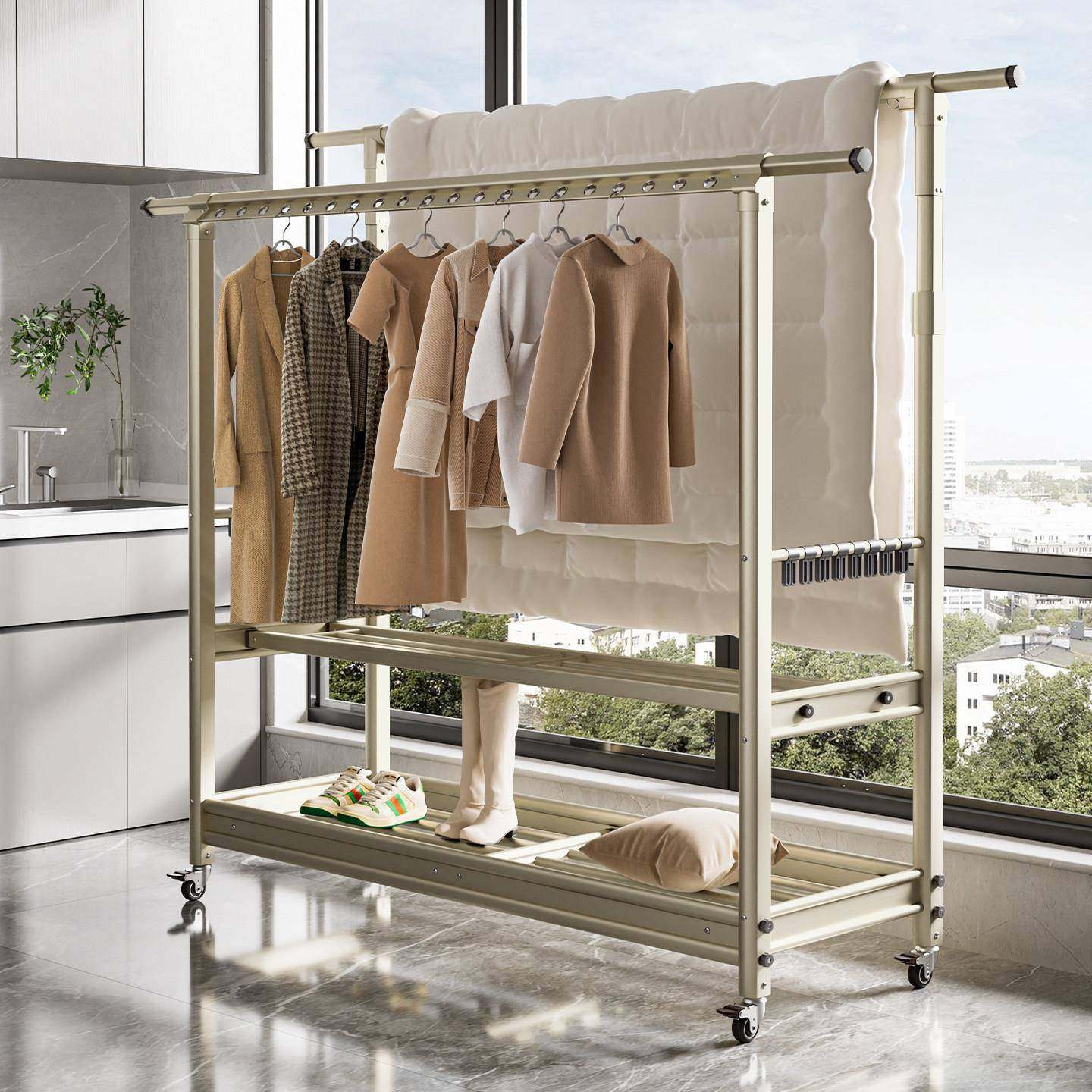 阳台晾架双衣杆式HG8-152伸缩器落地晾挂衣架家用移动衣杆晒被子