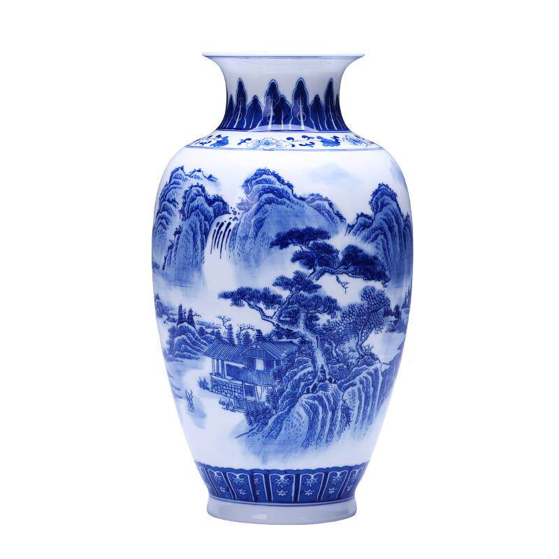花景镇德陶瓷器青花瓷架山水瓶摆件新中式客厅插花HXSJ-黄博古玄