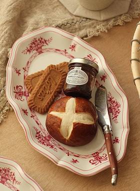 胡花桃浪集市法式瓷卉早餐盘椭圆盘鱼盘JAW甜品盘中古风漫红色陶