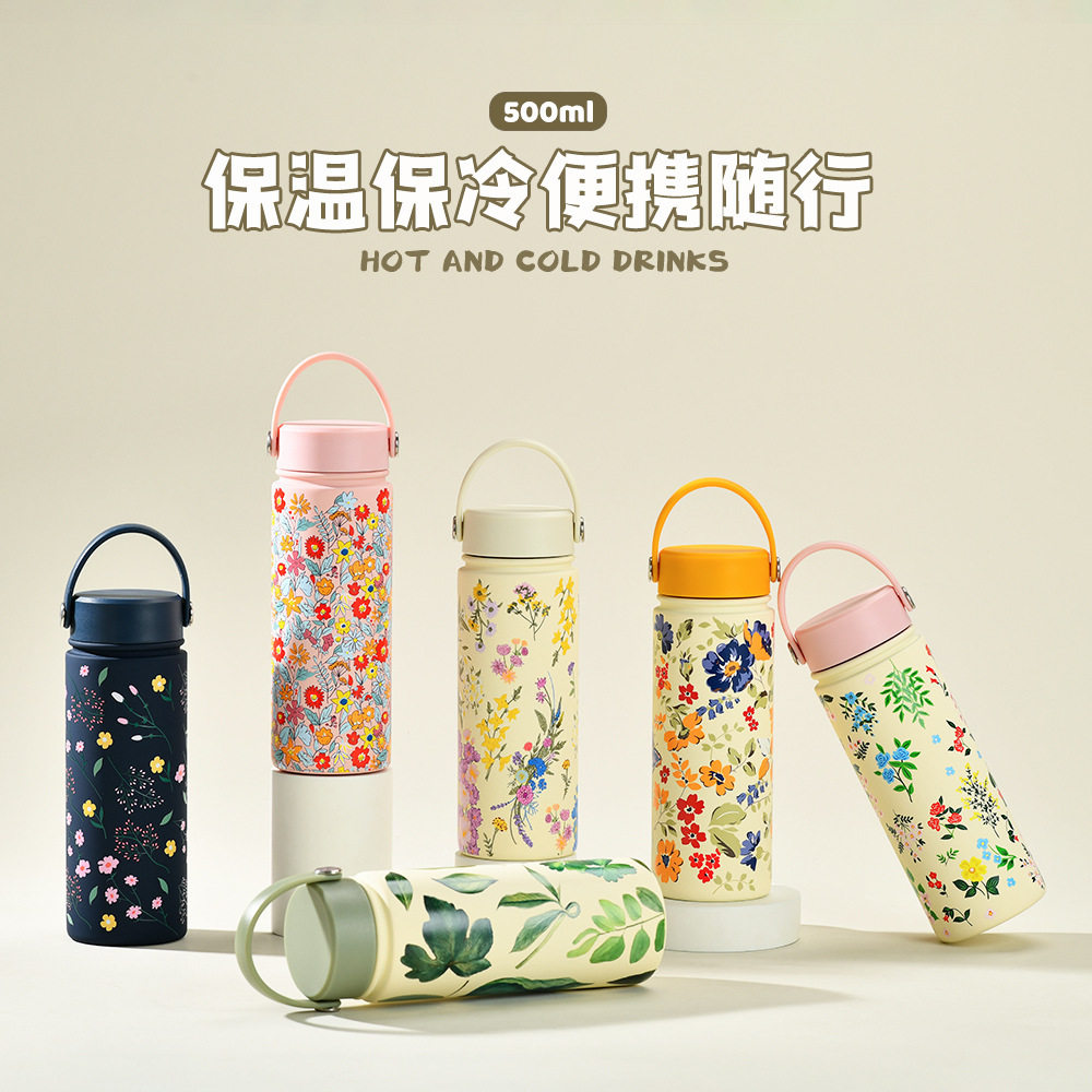 2025新款跨境不锈钢运动水壶广口便携手提瓶子水杯印花户外保温杯图片
