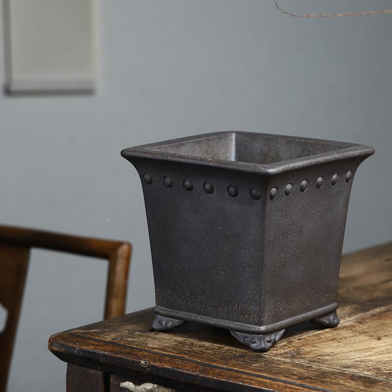 玖紫轩古铜泥鼓钉盆精品紫砂兰花手工绿植花卉盆景古典桌面透气盆